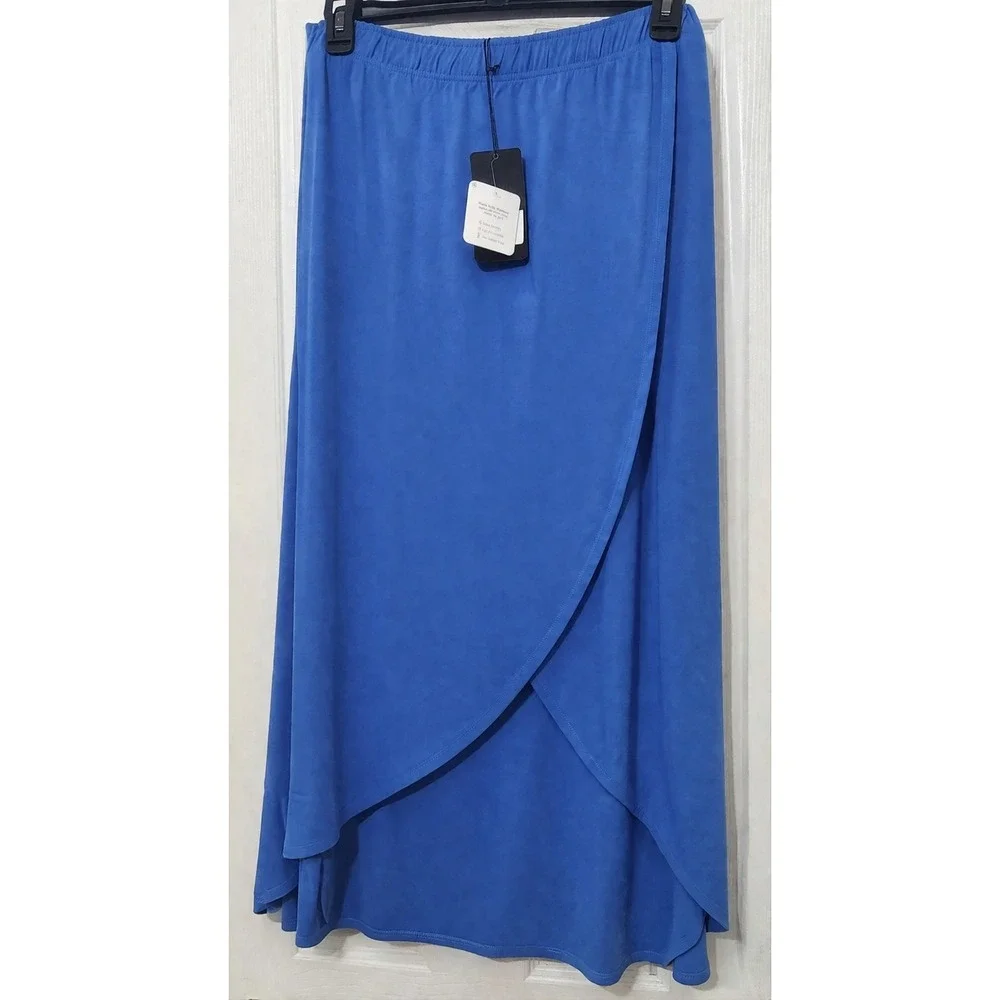 Blue High Low Tulip Hem‎ Maxi Skirt Elastic Waist Faux Wrap Drape Skirt